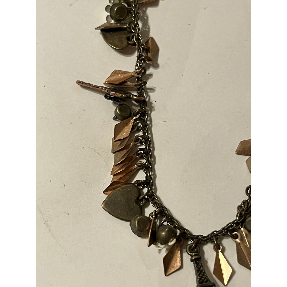 Betsey Johnson Paris Eiffel Tower Charm Necklace Bronze Tone Mixed Metal Heart - Picture 12 of 14